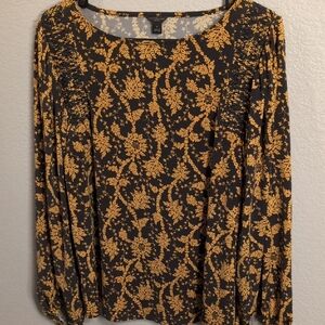 Anne Taylor Chic Gold And Grey Floral Long Sleeve Top